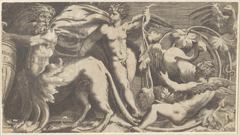 Frisian with centaur, two putti and two birds, Giulio Bonasone, 1501 - 1580 Canvas Print