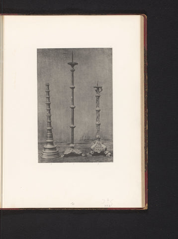 Three metal candelabra, exhibited at an exhibition on religious objects from the Middle Ages and Renaissance in 1864 in Mechelen, Joseph Maes, 1864 - in or before 1866 Canvas Print