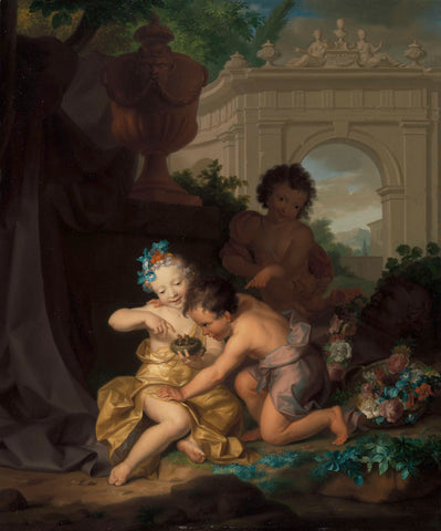 Three children playing with a bird's nest, Isaac Walraven (rejected attribution), 1718 Canvas Print