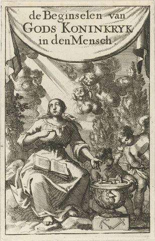 Sitting woman pointing to a vase in which plants sprout, Jan Luyken, 1689 Canvas Print