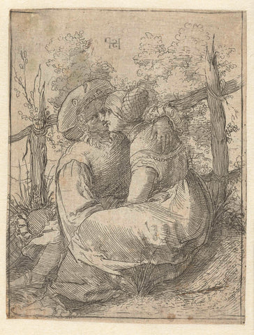 Love couple sitting in front of a fence, Hans Sebald Beham, 1522 - 1599 Canvas Print