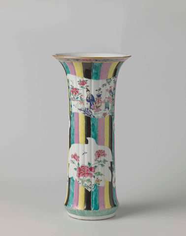 Beaker vase with figures, flower sprays and auspicious symbols in shaped panels on a multi-colored ground, anonymous, c. 1725 - c. 1740 Canvas Print