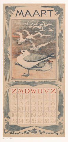 Calendar sheet March with seagulls, Theo van Hoytema, 1901 Canvas Print