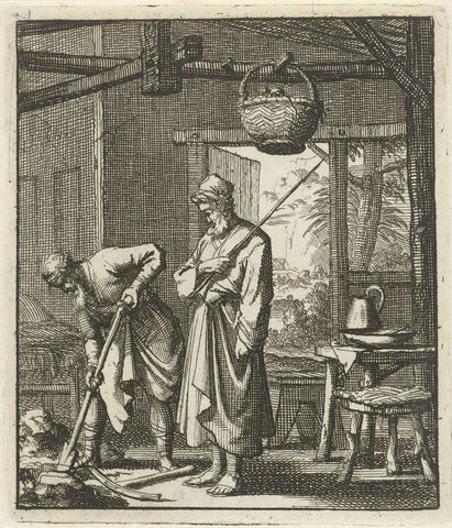 Kluizenaar watches as his visitor digs into the ground to detect mice, Jan Luyken, 1693 Canvas Print