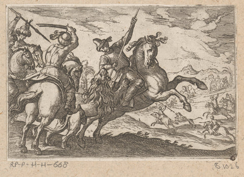 Men on horseback kill a lion, Antonio Tempesta, 1595 Canvas Print