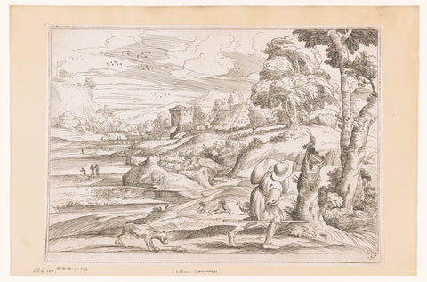 Landscape with hiker and dog, Jean Pesne, 1666 - 1695 Canvas Print