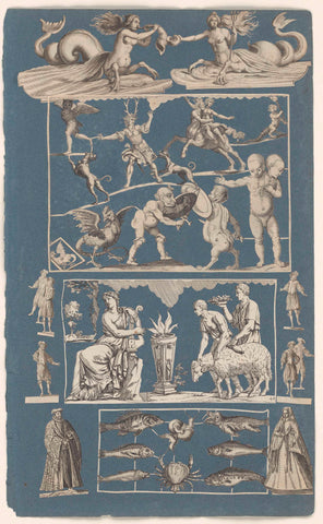 Collage of cut-out prints pasted on album sheet of blue paper, Michael Snijders (attributed to), c. 1690 - 1720 Canvas Print