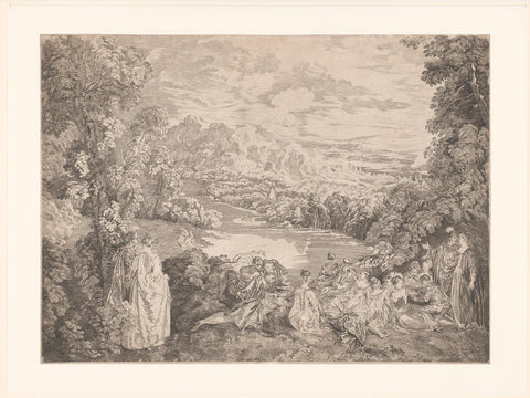 Elegant company in a landscape, Jacques-Philippe Le Bas, c. 1734 Canvas Print