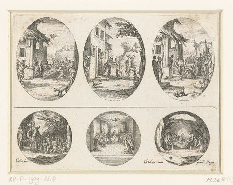 Three scenes from the life of Mary and three Passion scenes: Adoration by the Shepherds, Visitation, Adoration of the Kings, Descent into the Pre-Breasted, Pentecost, Entombment, Jacques Callot, 1635 - 1661 Canvas Print