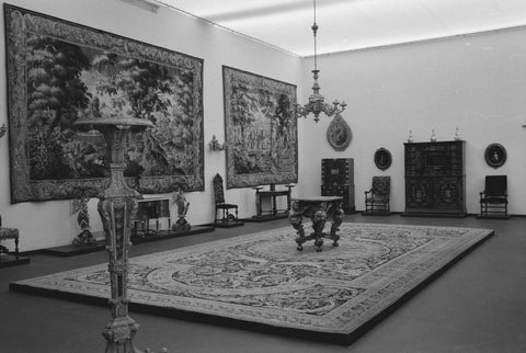 Room with tapestries and floor carpets and furniture, 1952 Canvas Print