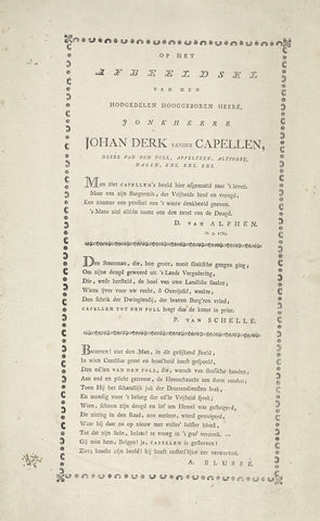 Four poems of praise for the politician Joan Derk van der Capellen tot den Pol, Jan de Kruyff (1753-1821), 1787 Canvas Print