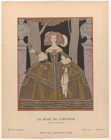 Gazette du Bon Ton, 1924 - No. 8, Pl. 42: La rose de l'infante / Costume, by Worth, George Barbier, 1924 Canvas Print