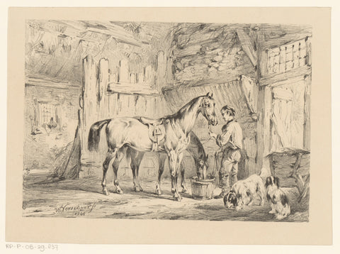 Two horses with servant in the stable, Wouter Verschuur (1812-1874), 1846 Canvas Print