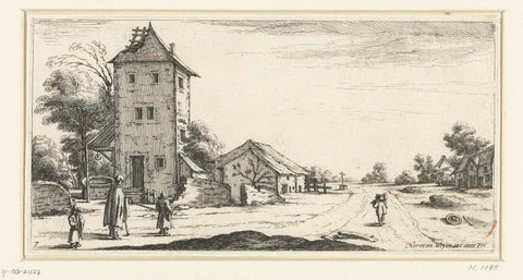 Landscape with a dilapidated tower on a village road, Jacques Callot (possibly), 1621 - 1672 Canvas Print