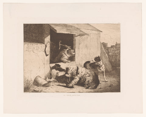 Monkey dressed as a shoemaker chases away two dogs biting shoes, Zacharie Noterman, 1830 - 1890 Canvas Print