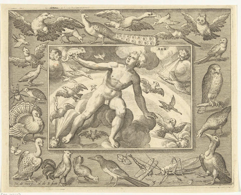 Element of air as a young man on clouds between flying birds, Nicolaes de Bruyn, 1581 - 1656 Canvas Print