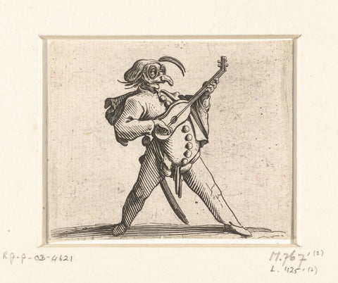 Commedia dell'arte figure with guitar, sword and mask, Jacques Callot, 1621 - 1625 Canvas Print