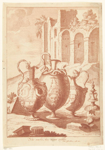 Four vases, the fourth broken, Johan Teyler (attributed to), c. 1688 - c. 1697 Canvas Print