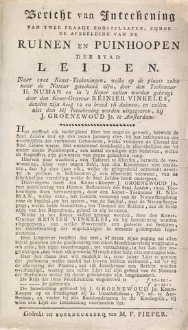 Notice of registration for the two plates of the devastation caused by the gunpowder disaster in Leiden, 1807, M.F. Pieper, 1807 Canvas Print