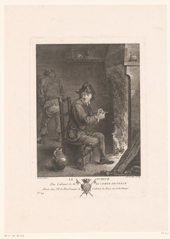 Rokende man voor een openhaard stopt zijn pijp, Jacques-Philippe Le Bas, c. 1747 Canvas Print