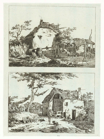 Huis aan het water en een huis aan een weg, Louis Gabriel Moreau, 1770 - 1779 Canvas Print