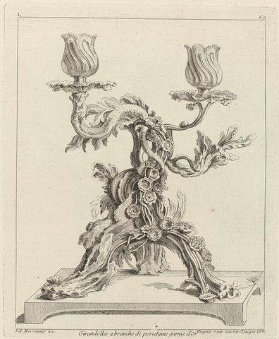 Design for a two-armed girandole of porcelain and gold, Gabriel Huquier, Juste Aurèle Meissonnier, 1738 - 1749 Canvas Print