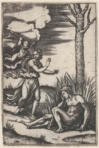 Sleeping man and nymph pursued by Amor, Marcantonio Raimondi, 1510 - 1527 Canvas Print