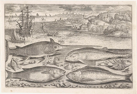 Four fish on the beach, Adriaen Collaert, 1627 - 1636 Canvas Print