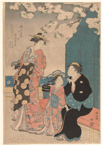 Courtesan with two attendants under cherryblossom, Torii Kiyonaga, 1768 - 1912 Canvas Print