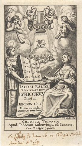 Woman writes and gets inspiration from muses while angels play musical instruments, Cornelis van Dalen (I), 1646 Canvas Print