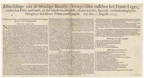 Tekstblad bij de prent van de Slag bij Seneffe, 1674, anonymous, 1674 Canvas Print