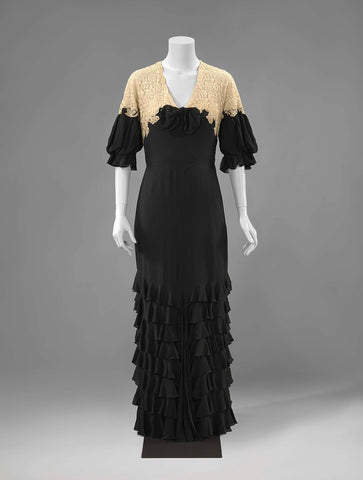 Evening gown of black crepe georgette and natural-colored machine lace, long and slightly towing, decorated with wrinkled strips of crepe georgette, anonymous, c. 1935 - c. 1939 Canvas Print