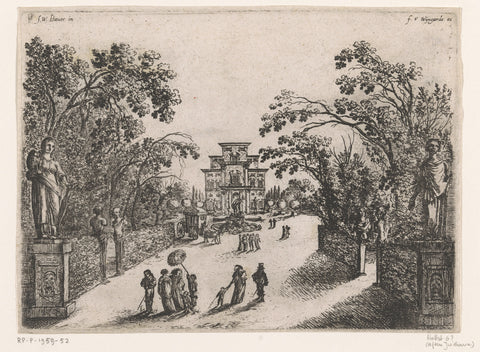 Walking people in a park, a country house in the background, anonymous, Johann Wilhelm Baur, 1636 - 1679 Canvas Print