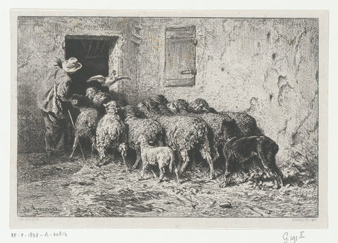 Farmer brings flock of sheep to the stable, Charles Emile Jacque, 1864 Canvas Print