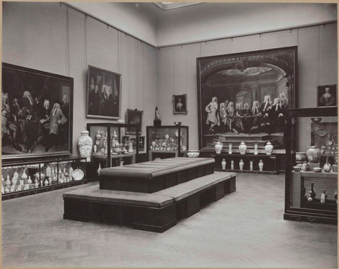 Room with display cases with Chinese porcelain, sofas with seat cushions and paintings, c. 1938 Canvas Print