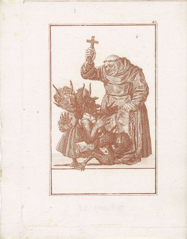 Monk threatens two devils, Jacob Gole (attributed to), 1724 Canvas Print