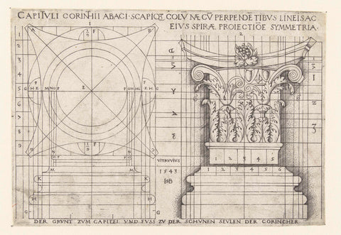 Leaf with the map, the capital and the base of a Corinthian column after Vitruvius, Hans Sebald Beham, 1510 - 1543 Canvas Print