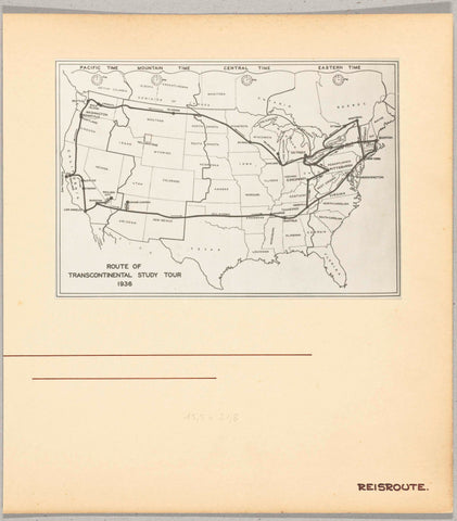 Photo reproduction of a map of the United States, showing the route of the tour through the United States and Canada, Wouter Cool (attributed to), 1936 Canvas Print