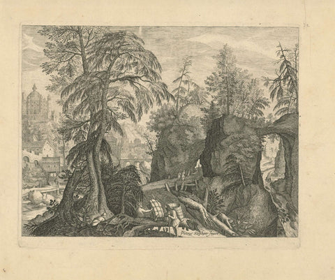 Rocky landscape with travelers at a bridge, Aegidius Sadeler, 1597 - 1629 Canvas Print