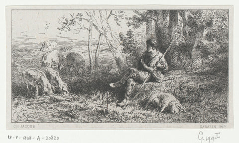 Pig herder with tub of pigs under a tree, Charles Emile Jacque, 1864 Canvas Print