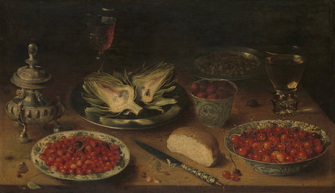 Still Life with Artichoke, Fruit in Kraak Porcelain Ware and a Salt Cellar and Pepper Castor, Osias Beert (I), in or after c. 1605 - c. 1615 Canvas Print