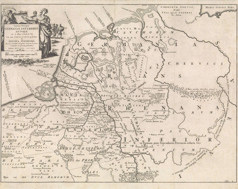 Historical map of the Netherlands at the time of the Frisians, Franks and Saxons I, Jan Luyken, 1697 Canvas Print