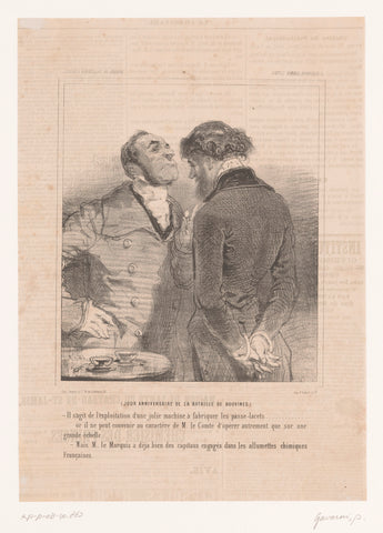 Two gentlemen talking to each other about the manufacture of weapons, Paul Gavarni, 1846 Canvas Print