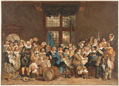 De schuttersmaaltijd in de Voetboogdoelen te Amsterdam ter viering van het sluiten van de vrede van Munster, 18 juni 1648, Jacob Cats (1741-1799), 1779 Canvas Print