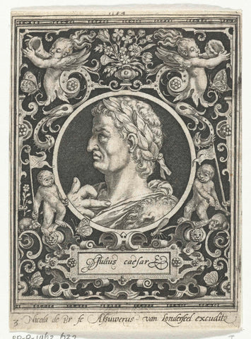 Portrait of Julius Caesar in medallion inside rectangular frame with ornaments, Nicolaes de Bruyn, 1594 Canvas Print