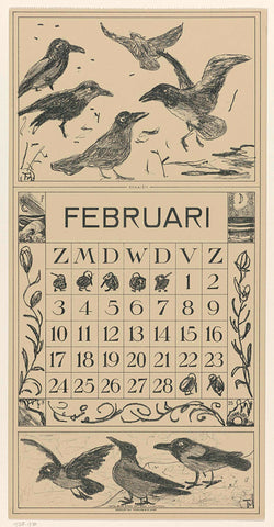 Calendar sheet February with crows, Theo van Hoytema, 1917 Canvas Print