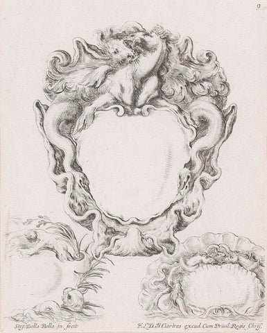 Cartouche with two seahorses that bite each other and two small cartouches with sea creatures, Stefano della Bella, 1646 Canvas Print