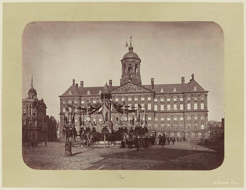 The memorial on Dam Square with the Palace, 1879, Albert Greiner, 1879 Canvas Print