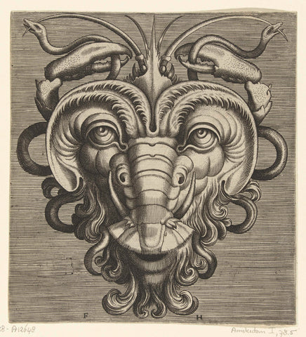 Mask with two lobster shears holding snakes, Frans Huys, 1555 Canvas Print