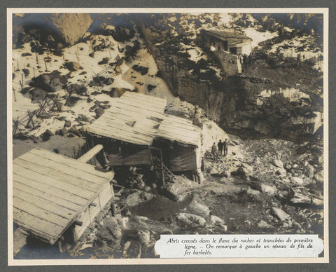 Shelters dug out in the rocks and barbed wire barricades at the front in the Dolomites, Henri de Rothschild (attributed to), 1916 Canvas Print